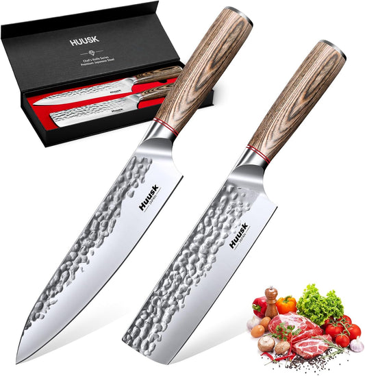 Huusk Japanese Kitchen Knife Set, 3-Piece Professional Chef Knives Set for Kitchen, Hand Forged Butcher Knife Set for Meat Cutting, Meat Cleaver Boning Knife with Pakkawood Handle, Gift for Men