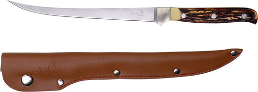 Elk Ridge - Outdoors Fixed Blade Fillet Knife - 12.25-in Overall, 440 Stainless Steel Blade, Jig Bone Handle, Leather Sheath - Hunting, Camping, Survival - ER-146