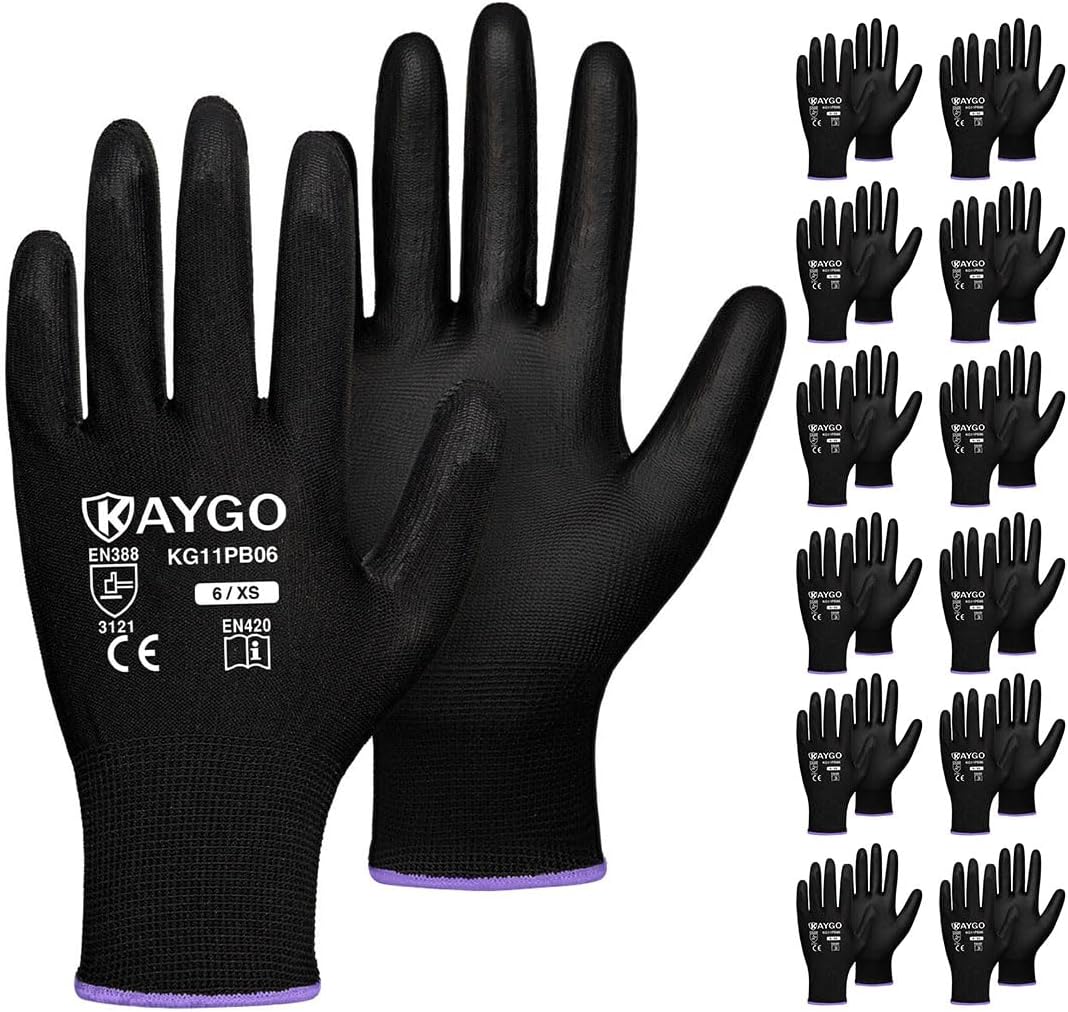 KAYGO Work Gloves for Men and Women,12 Pairs Seamless Knit PU Coated Safety Gloves, with Smooth Grip on Palm and Fingers, Ideal for Light Warehouse, Manufacturing, Gardening, KG11P (M, Black)