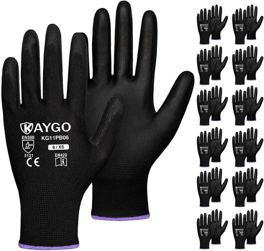 KAYGO Work Gloves for Men and Women,12 Pairs Seamless Knit PU Coated Safety Gloves, with Smooth Grip on Palm and Fingers, Ideal for Light Warehouse, Manufacturing, Gardening, KG11P (M, Black)