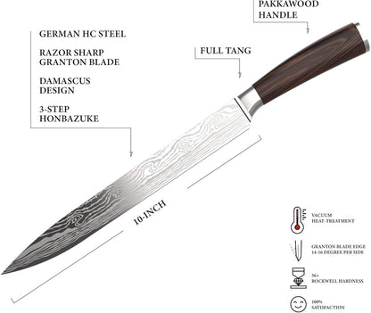 GRANDTIES Damascus Style Slicing Carving Knife - 10 Inch Full Tang High Carbon German Stainless Steel Brisket Kitchen Knives - Long Slicer & Carver - Ergonomic Pakkawood Handle - With Gift Box