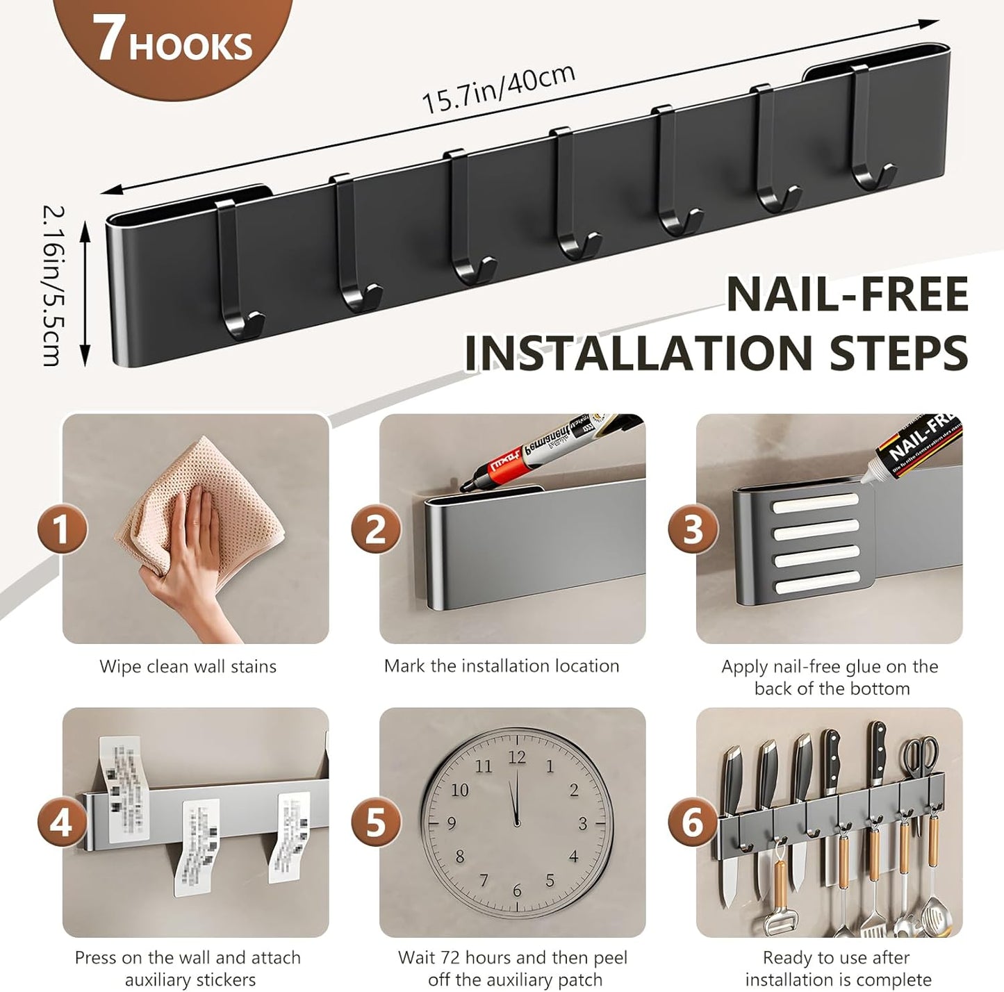 Knife Holder for Wall Mount-Knife Strips with Hooks Stainless Steel Wall Knife Rack-Knife Block-Knife Rack-Utensil Hanger-Kitchen Utensil Holder (Black, 50 CM+9 Hooks)