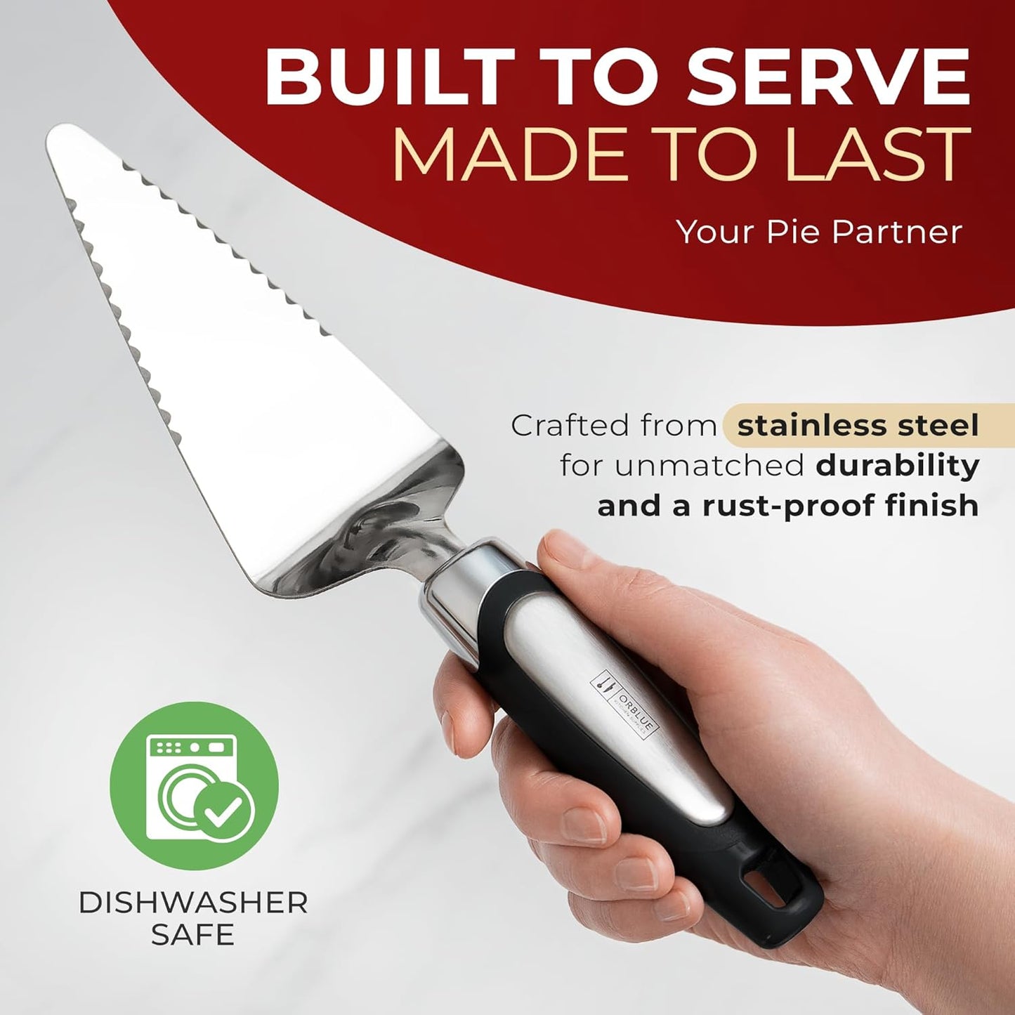 Orblue Pie Server, Essential Kitchen Tool, Serrated on Both Sides, Great for Right or Left Handed Chef, Stainless Steel Flatware , Cake Cutter,White