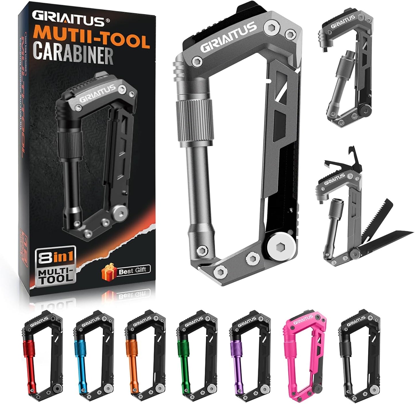 Carabiner Multitool 8-in-1 EDC Carabiners Pocket Knife, Serrated Knife, Rope Cutter, Screwdriver, Can Bottle Opener, Ruler, Survival Gear for Camping Climbing Hiking, Gifts for Men (Black)