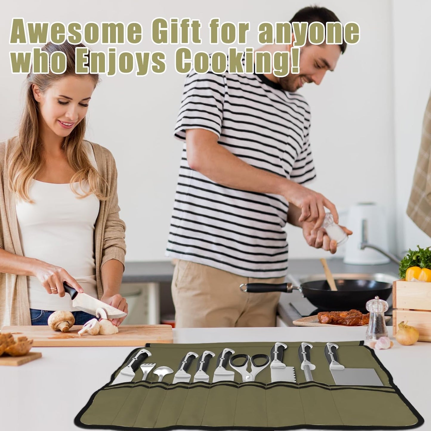 Chef Knife Bag With 24 Slots Cutlery Knives Holders Protectors, Kitchen Travel Cooking Tools, Portable Canvas Knife Roll Storage Bag Chef Case for Camping or Working with an Adjustable Shoulder Strap