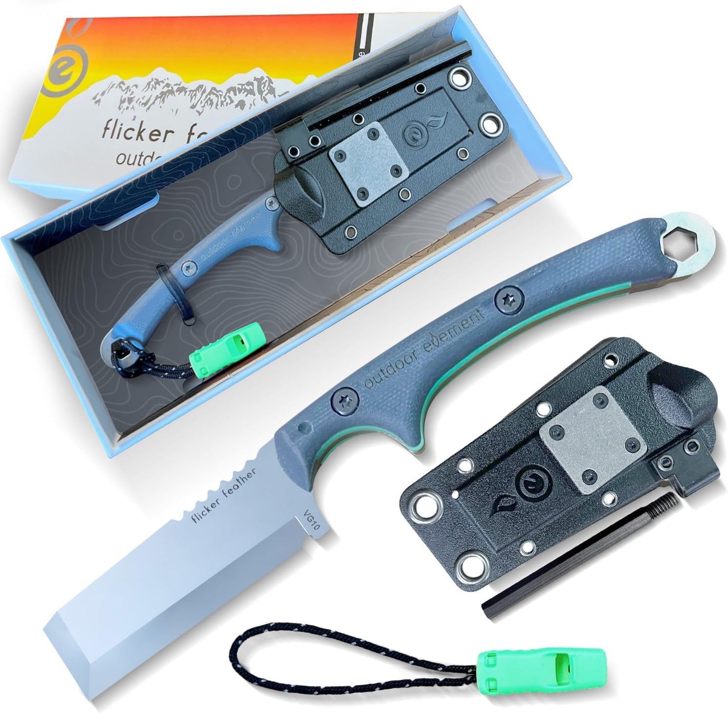 Scout Feather Glow - Fixed Blade Survival Knife with built-in Firestarter for Camping, Hunting, Outdoor Adventure and Culinary Need - VG10 Blade, Whistle, Knife Sharpener, Compact Sheath & G10 Handle