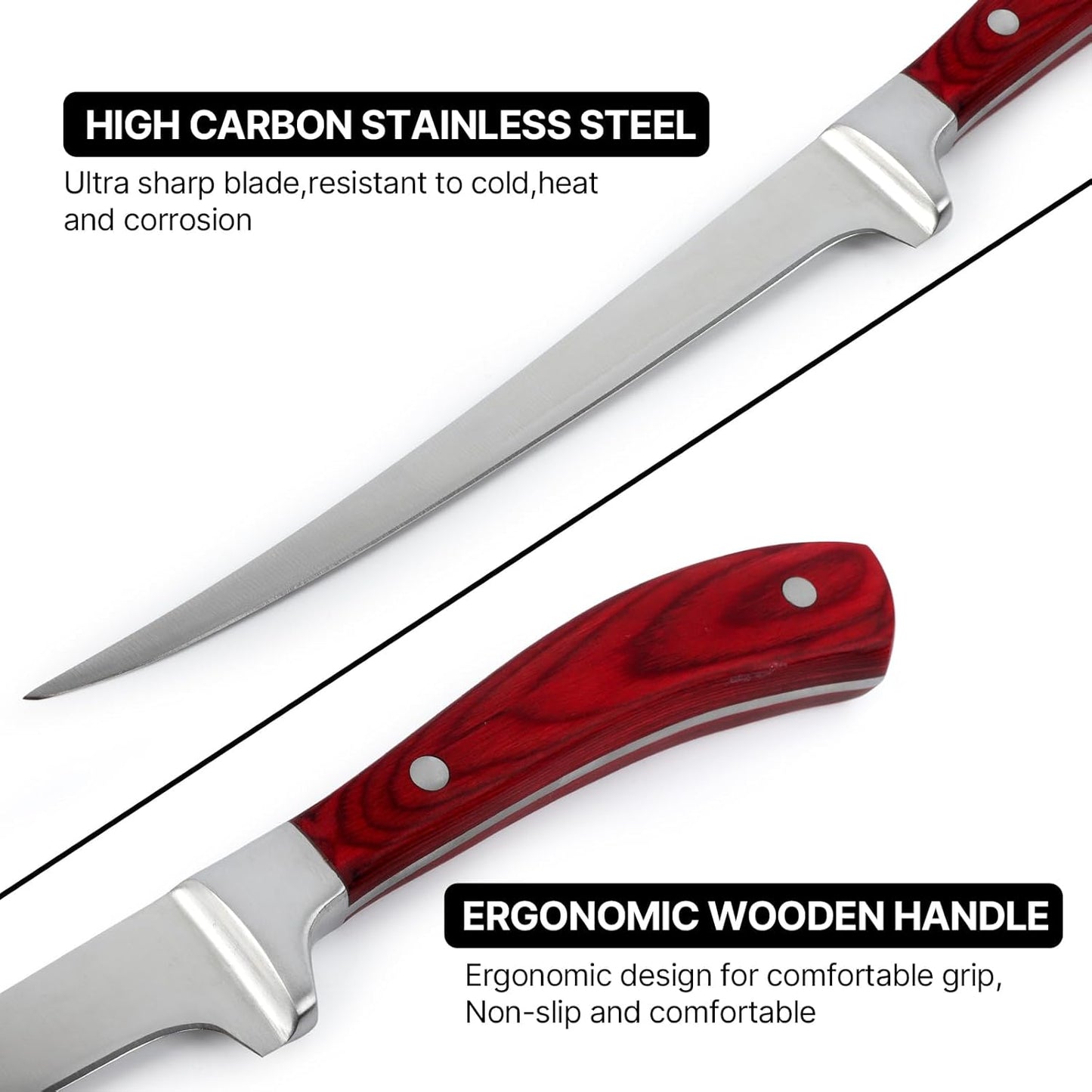 Fillet Knife, 7 Inch Professional Fish Knife - High Carbon Stainless Steel Blade, Full Tang Pakkawood Handle, Ultra Sharp for Filleting Meat Poultry, with Gift Box