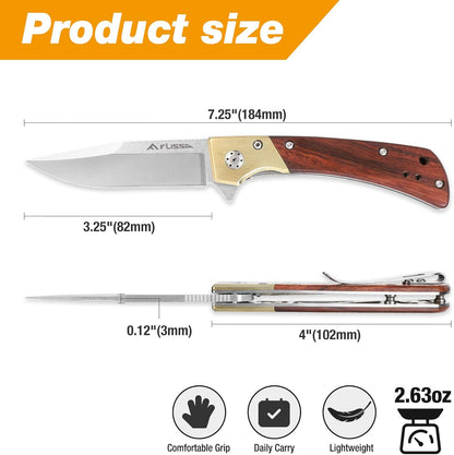 FLISSA Pocket Knife, Folding Knife with D2 Steel Blade, Ball Bearing, Elegant Copper & Wood Handle, Liner Lock, Pocket Clip, Cleaning Cloth, Perfect for EDC, Daily Use, Outdoor