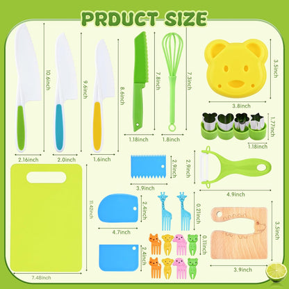 Hilsoeet 26PCS Kids Knives for Real Cooking, Wooden Kids Kitchen Knife Set Include 4 Serrated Edges Plastic Toddler Knives, Cutting Board, Y Peeler, Egg Beater, Toddler Food Picks and Cream Scraper