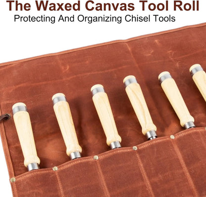 Chisel Roll,6 Pockets Roll Up Tool Pouch,Waxed Canvas Small Tool Roll Organizer and Wrench Roll Up Pouch,Store Chisel,Wrench,Pliers,Carving Knife (12-Brown)