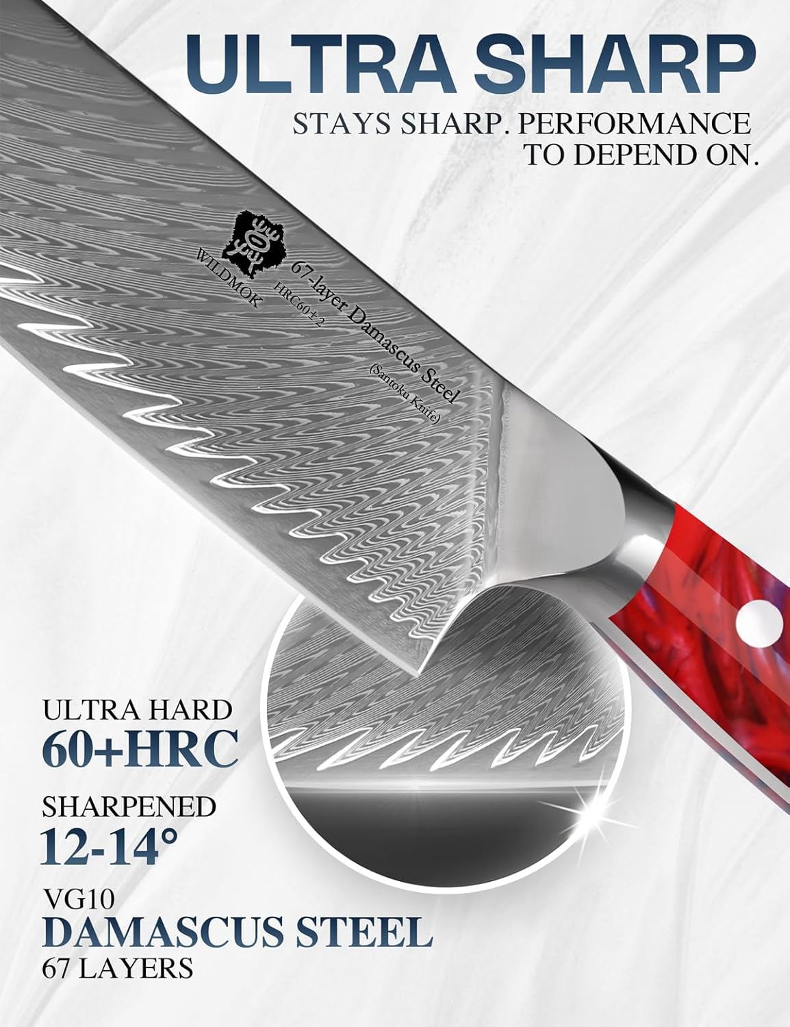 WILDMOK Santoku Knife 7 Inch kitchen knife, Ultra Sharp with Japanese Damascus Forged Santoku Knife, Ergonomic Resin Handle, cooking gifts with gift box