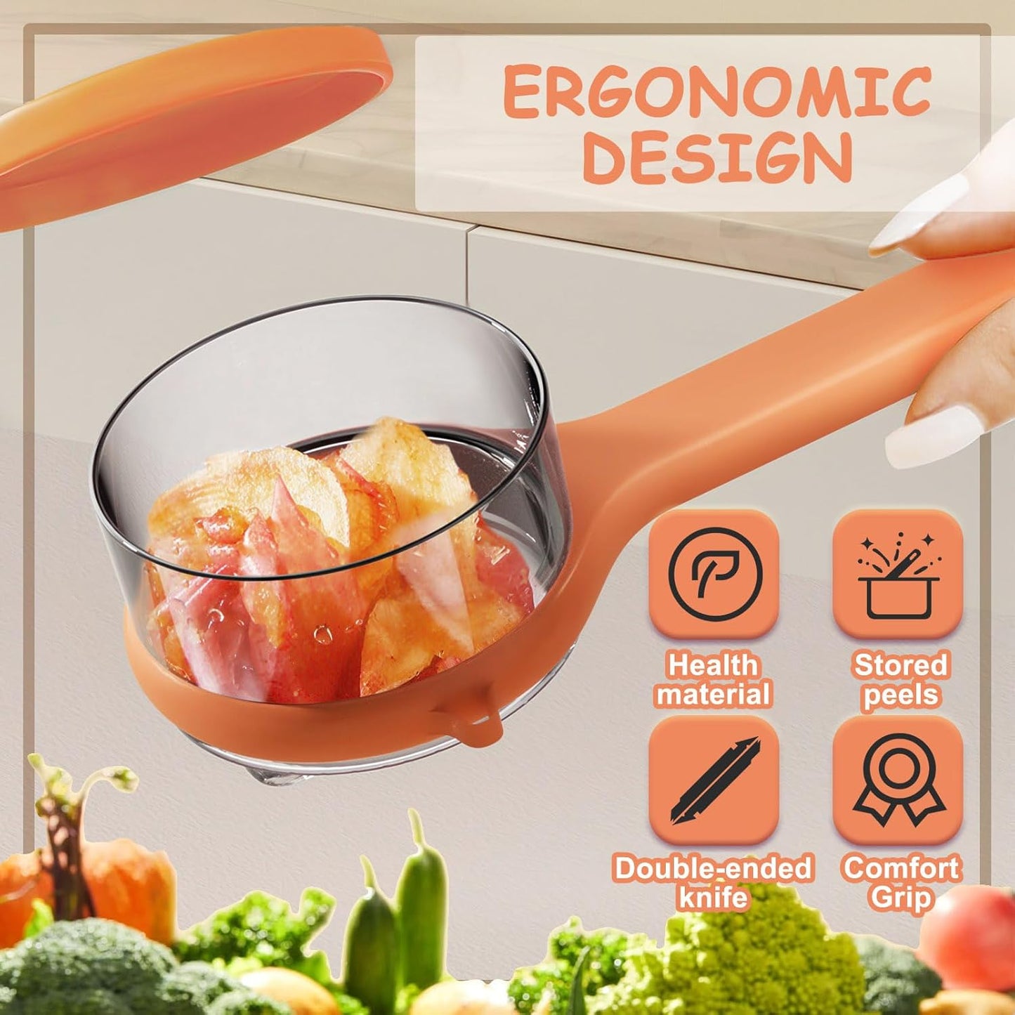 2 Pack Vegetable Peeler with Container, Double-Sided Stainless Steel Blade Peeling Knife with Storage Box, Veggie Peeler with Catcher Bucket for Home Kitchen Fruit Supplies (Orange & Green)