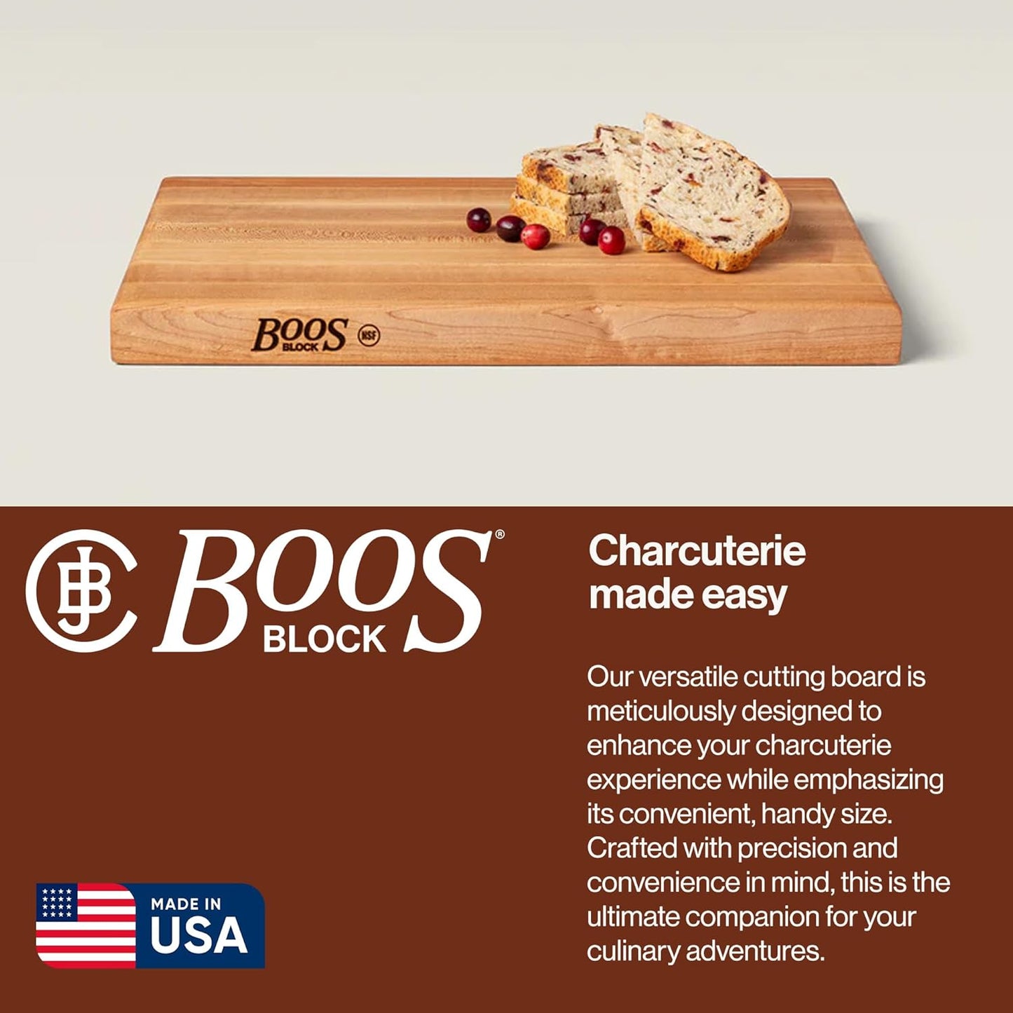 John Boos R-Board Series Rectangular Wooden Maple Cutting Board 20”x15” – 1.5” Thick, 12-lb Reversible Butcher Block with Edge-Grain & Finger Grips – Made in the USA