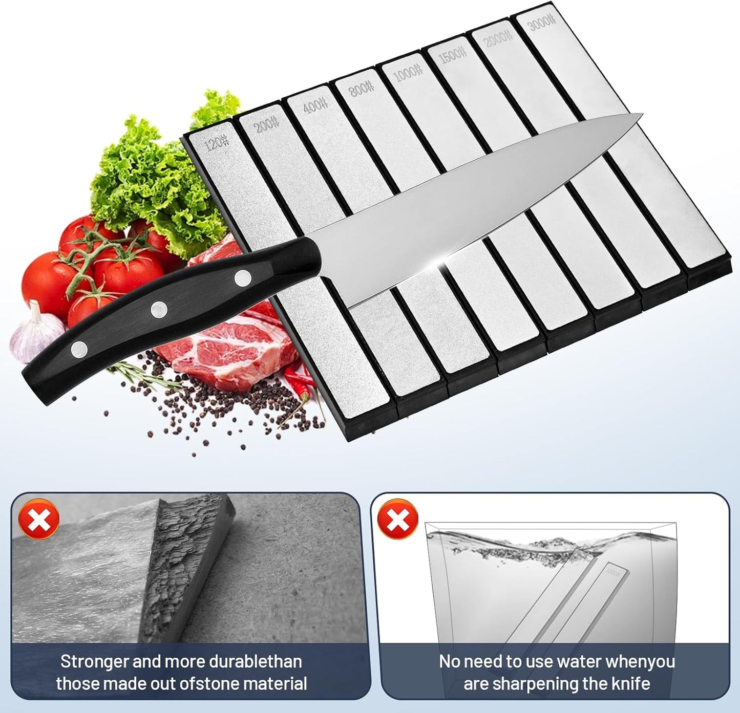 8 PCS Diamond Sharpening Stones, Professional Whetstone Set With Base,120/200/400/800/1000/1500/2000/3000 Kitchen Knife Grinding