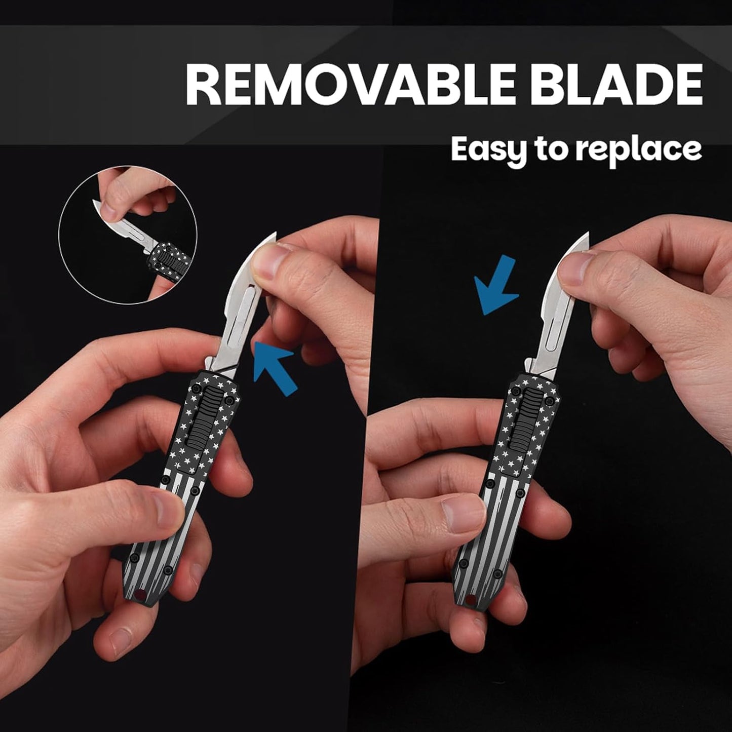 Automatic Utility Knife,All Metal Construction Carbon Stainless Steel Blade,Box Cutter Quick Change Retractable,EDC Push Button with Clip,10PCS #23 Blades Replacement,Stars&Stripes