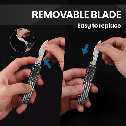 Automatic Utility Knife,All Metal Construction Carbon Stainless Steel Blade,Box Cutter Quick Change Retractable,EDC Push Button with Clip,10PCS #23 Blades Replacement,Stars&Stripes