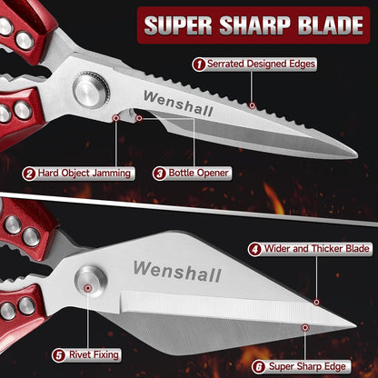 Wenshall 2-Pack Heavy Duty All-Purpose Kitchen Scissors, Japanese Stainless Steel, Kitchen Shears for Cutting Chicken, Poultry, Game, Meat - Chopping Vegetable, Dishwasher Safe,Christmas (Red)