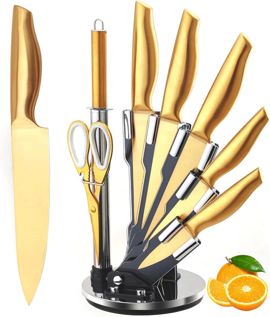 Luxury Gold Knife Set With Rotation Block, 8 Pieces Titanium-Coated Dishwasher Safe Stainless Steel Gold Chef Knife Set,with Sharpener&Scissors,Gift for Home Housewarming