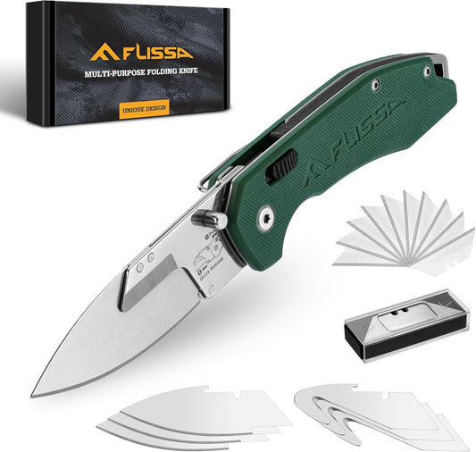 FLISSA Replaceable Blade Folding Knife, 3-in-1 Pocket Hunting Knives, Liner Lock Knife for Hunting, Skinning & Field Dressing, Green G10 Handle, Includes 16 Blades