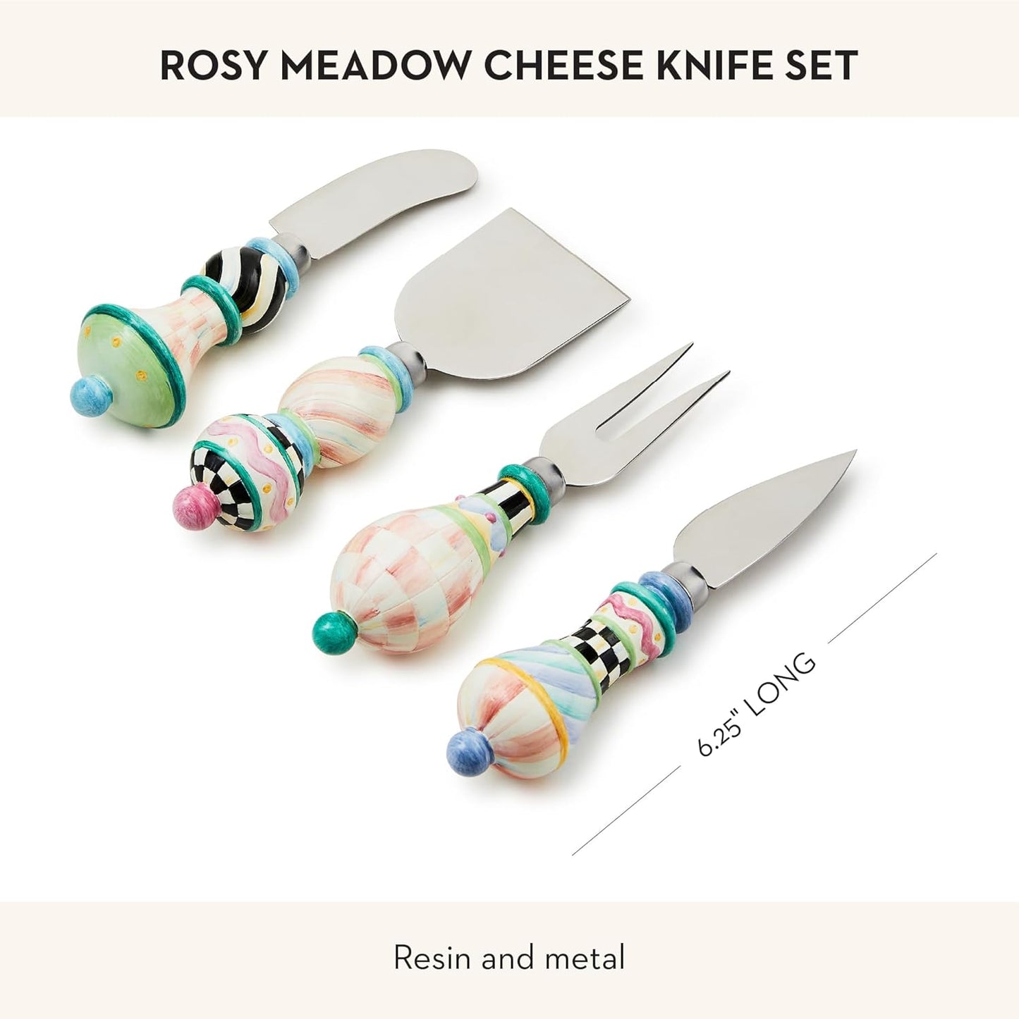 MACKENZIE-CHILDS Set of 4 Cheese Spreader Set, Stainless-Steel Butter Spreaders, Rosy Meadow