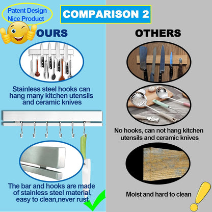 YIIYIIN Strong Magnetic Knife Holder for Wall, 17 Inch No-Drill Knife Strip with 12 Hooks & Adhesive, Holds Kitchen Utensils & Tools