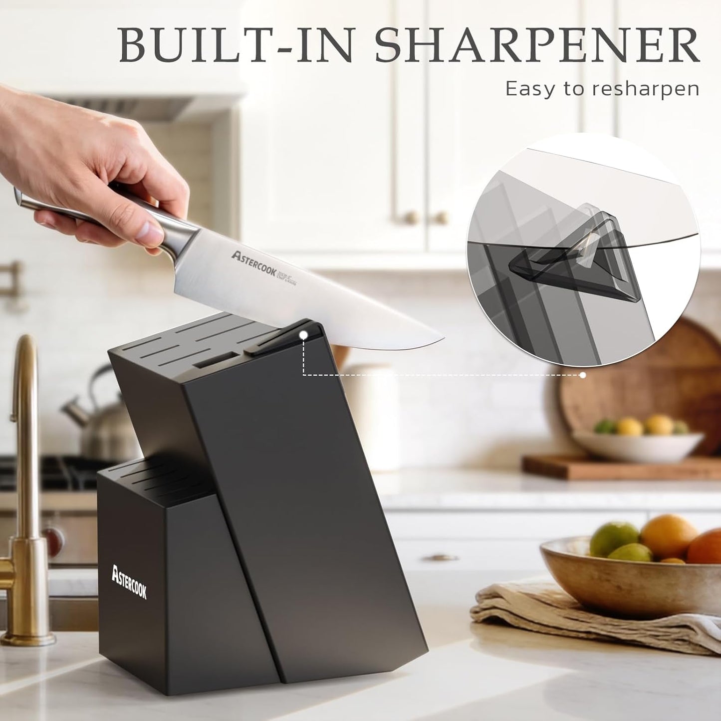 Astercook Knife Set, Kitchen Knives Set with Block and Sharpener Full Tang 15 Pcs Premium Stainless Steel Knives, Dishwasher Safe Knife Set with Anti-slip Ergonomic Handle, Black, Mothers Day Gifts