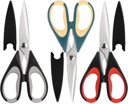 3 Pcs Stainless Steel Kitchen Scissors, 8.74 Inch Heavy Duty All Purpose Shears with Protective Sheath (black grey + black red + dark green)