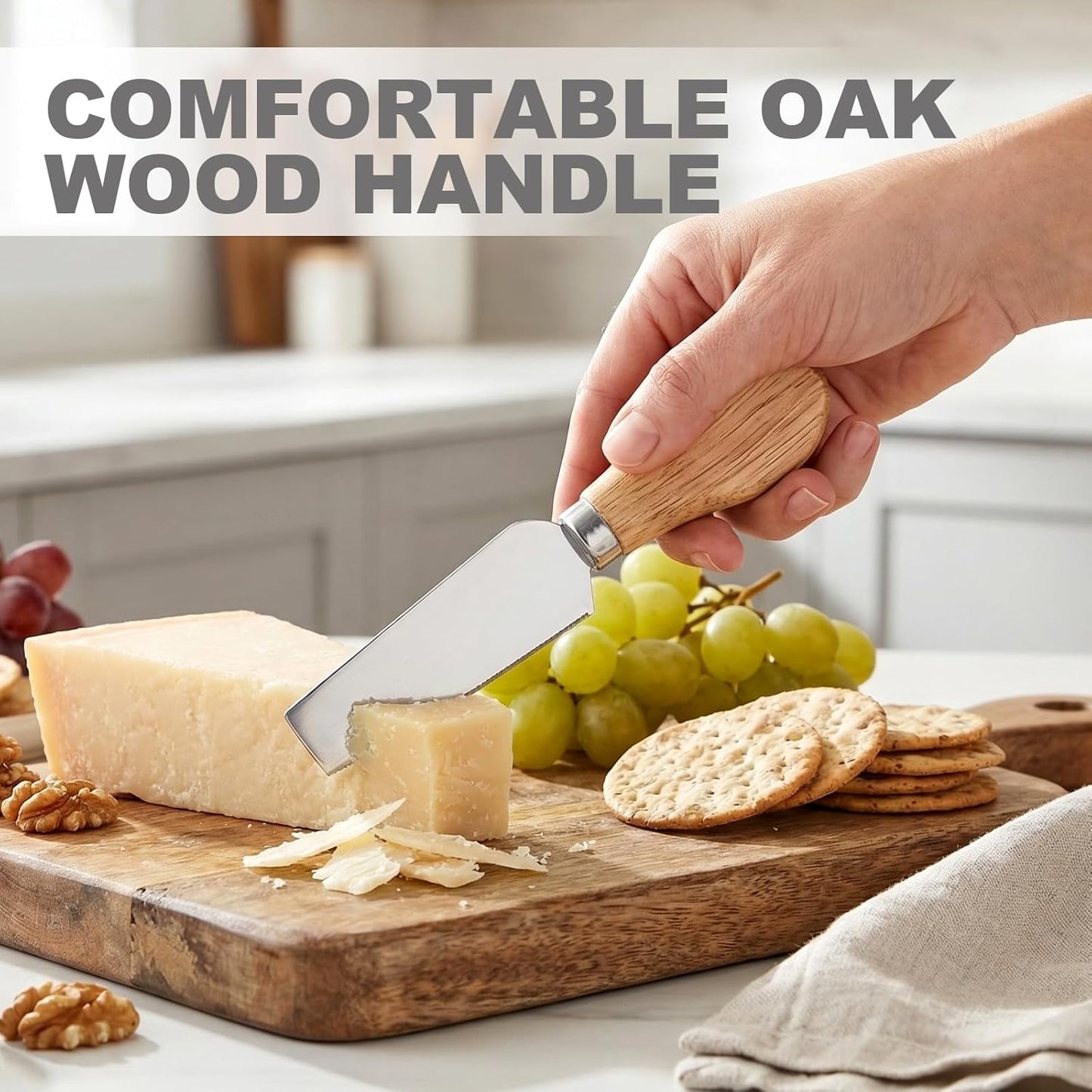 Cheese Knives Set with Wood Handle, Premium 4 PCS Mini Oak Wooden Cheese Knife for Charcuterie and Cheese Spread, Stainless Steel Cheese Slicer, Butter Cutter, Perfect tool for the Kitchen