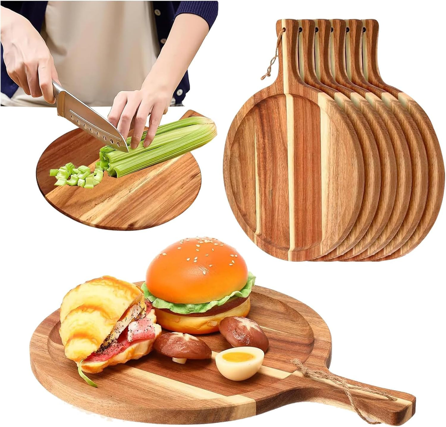 6 Pcs Acacia Wood Cutting Board with Handle, Small Wooden Charcuterie Boards, Decorative Bulk Serving Boards for Kitchen Cheese Bread (12 x 6 x 0.6 Inch)