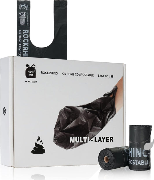 Ultra Thick RockRhino Dog Poop Bags - Claw Machine Style Pickup with Multi-Layer Bottom, ECO Heavy Duty, 0% Plastic, 100% Home Compostable, Mint-Scented, Easy Open Tie Handles, Glove Fit - 210 Bags