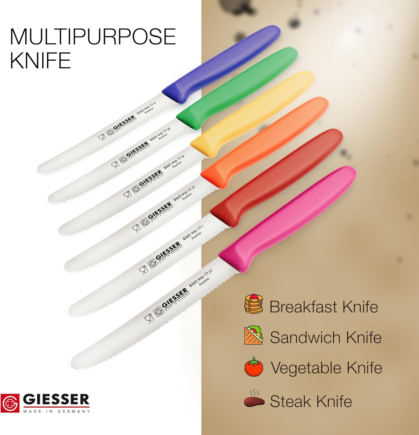 Giesser since 1776, Made in Germany, Serrated kitchen knives round tip dishwasher safe 4.5 inch - Tomato knife, Steak knive set of 6 (MIX Color)
