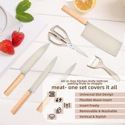 Kitchen Knife Set with Block, 7-Piece Kitchen Knife Set for Chef with Universal Knife Block, Anti-Rust Kitchen Knife Block Set, Ergonomic Design