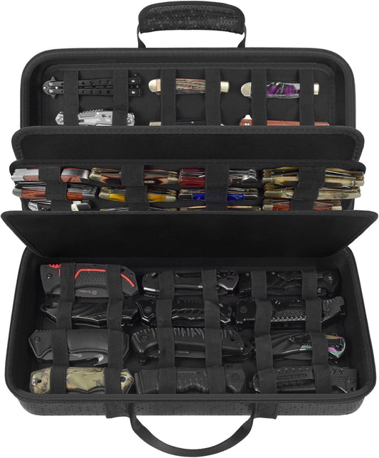 casmilee Knife Display Case for 64+ Pocket Knives, Folding Knives Cases for Collections, Butterfly Knife Storage Bag Holder Roll Organizer for Survival, Tactical, Outdoor, Kitchen, EDC Mini (Blue)