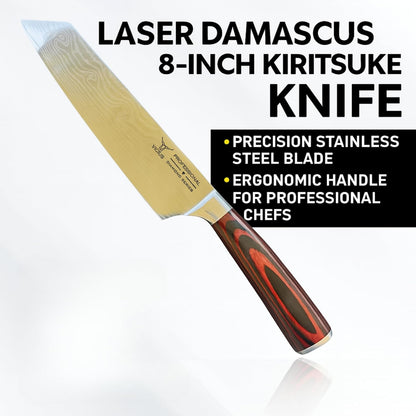 VICIUS Laser Damascus 8-Inch Kiritsuke Knife – Precision Stainless Steel Blade with Ergonomic Handle for Professional Chefs