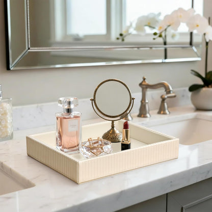 HofferRuffer Faux Leather Vanity Tray, Elegant Desktop Storage Organizer, Decorative Catchall for Perfume, Bathroom Valet, Nightstand or Dresser, 10.2 x 8.4 x 1.8 inches (Grey Stripe)