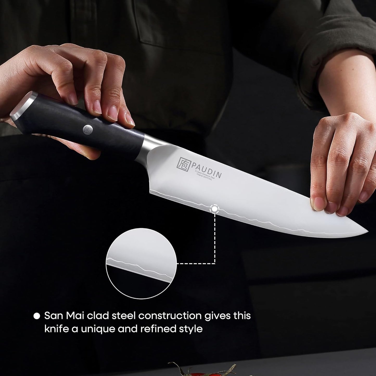 PAUDIN Chef Knife, 8 Inch High Carbon Steel Kitchen Knife, Professional Chefs Knife with Ergonomic Wooden Handle, Ultra Sharp Knife for Meat Vegetable Cutting