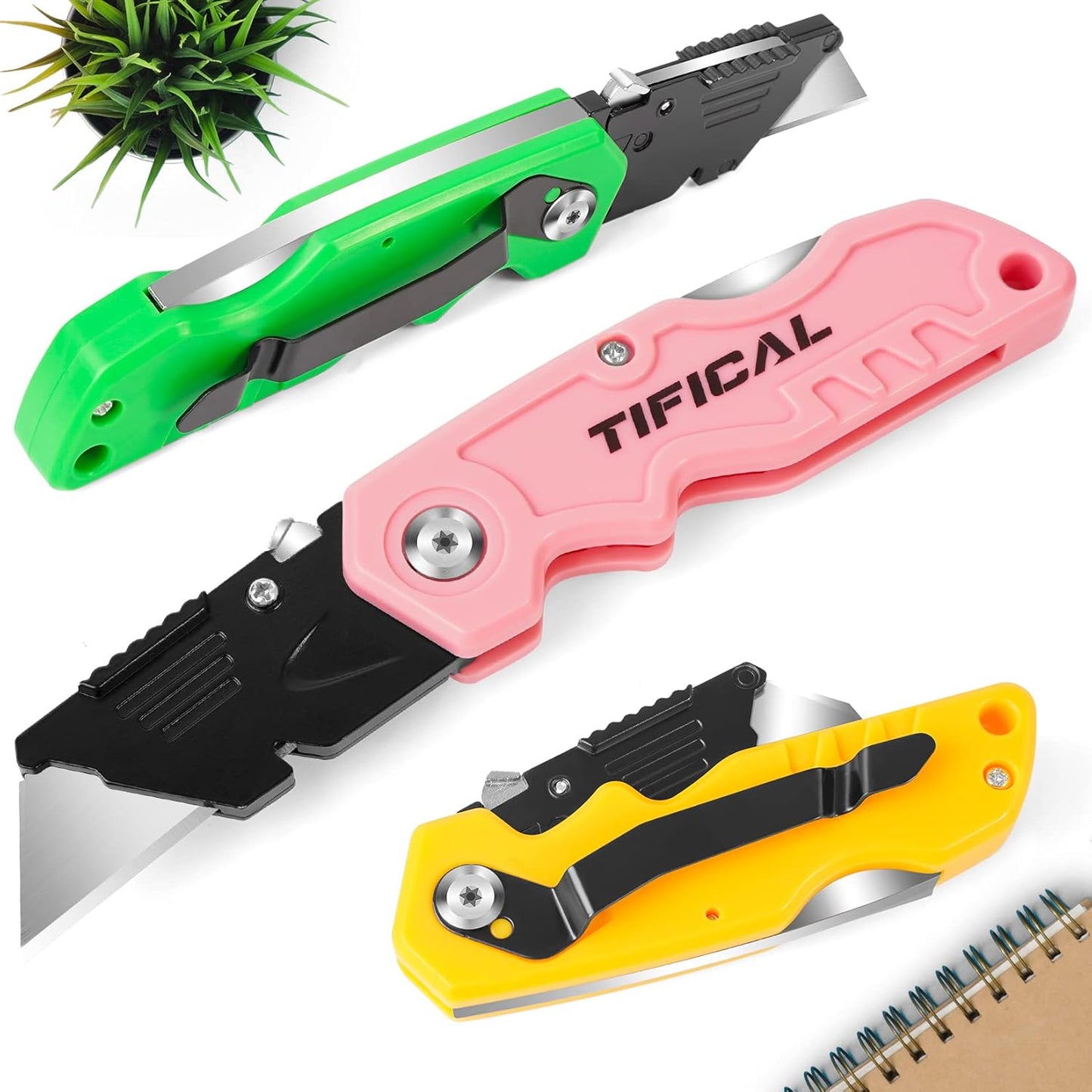 4 Pack Box Cutter Folding Utility Knife, Extra 10 Blades Included, Quick Change Blades, Lock-Back Design, Box Cutters for Carton, Cardboard, Boxes, Razor Knife Box Opener