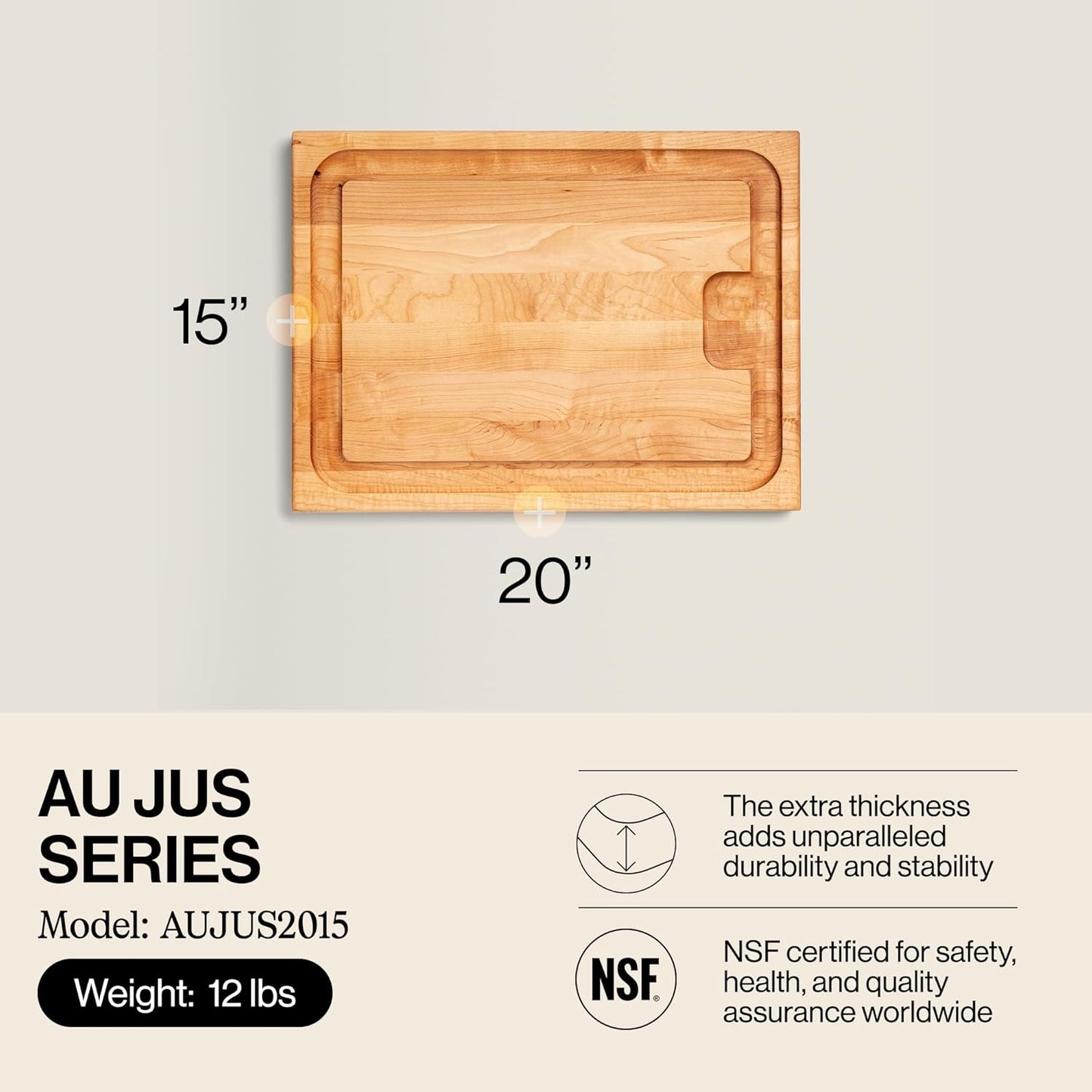 John Boos Aujus Series Rectangular Wooden Maple Cutting Board 20”x15” – 1.5” Thick, 12-lb Reversible Butcher Block with Sloped Juice Groove, Edge-Grain & Finger Grips – Made in the USA