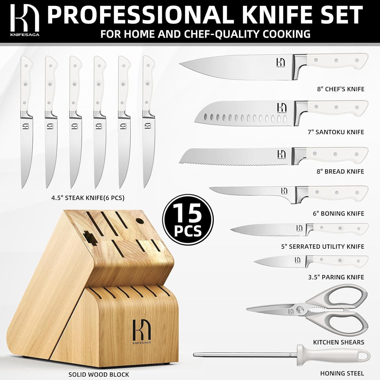 KnifeSaga Knife Set, 15 Pcs Kitchen Knife Block Set, Enduring Razor-Sharp Japanese High Carbon Stainless Steel Chef Knife Set with Block and Sharpener, Premium Black Knives Set for Kitchen