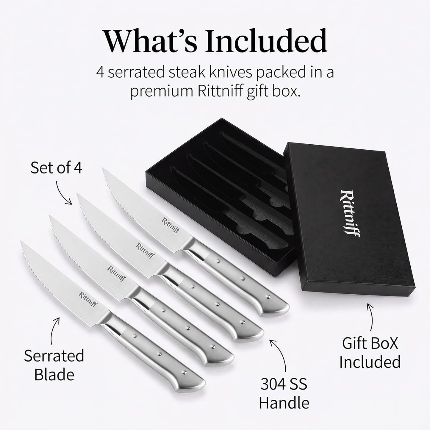 Steak Knives Set of 4, 5-Inch Serrated Stainless Steel Steak Knife Set with Wide Stainless Handle, Gift-Ready Box for Steak Night, BBQ, Housewarming & Wedding