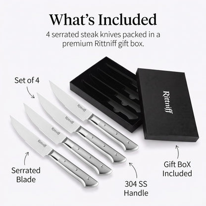 Steak Knives Set of 4, 5-Inch Serrated Stainless Steel Steak Knife Set with Wide Stainless Handle, Gift-Ready Box for Steak Night, BBQ, Housewarming & Wedding