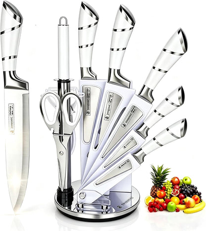 Elegant Purple 9-Piece Kitchen Knife Set with Acrylic Block,Non Stick Sharp Stainless Steel Chef Knives with Sharpener,Gift Ready Cutlery Set for Women