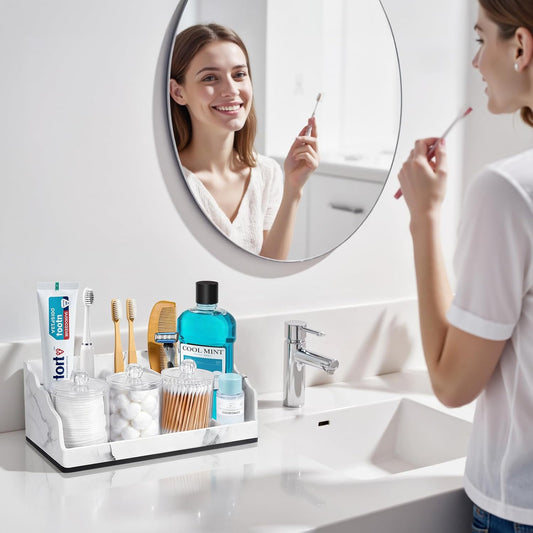 TuCao Marble Bathroom Countertop Organizer, Toothbrush Holders for Bathroom with 2PCS Qtip Holder Dispenser and Toothpaste Holder Drainage for Bathroom Accessories Organization Counter Vanity Storage