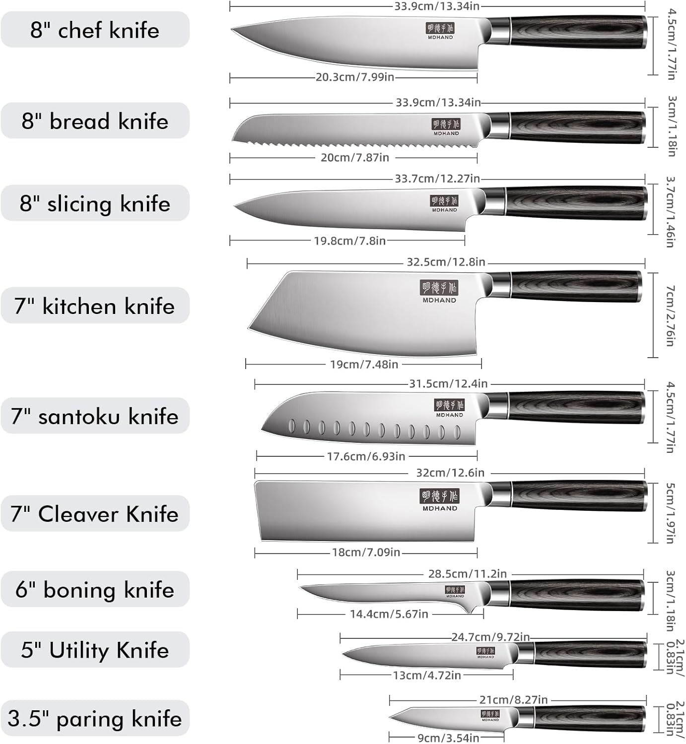 MDHAND Kitchen Knife Set, 9PCS Professional Japanese Knife Set, High Carbon Stainless Steel Chef Knife Set with Black Pakkawood Handle, Professional Ultra Sharp Kitchen Knives for Cooking, Elegant Box