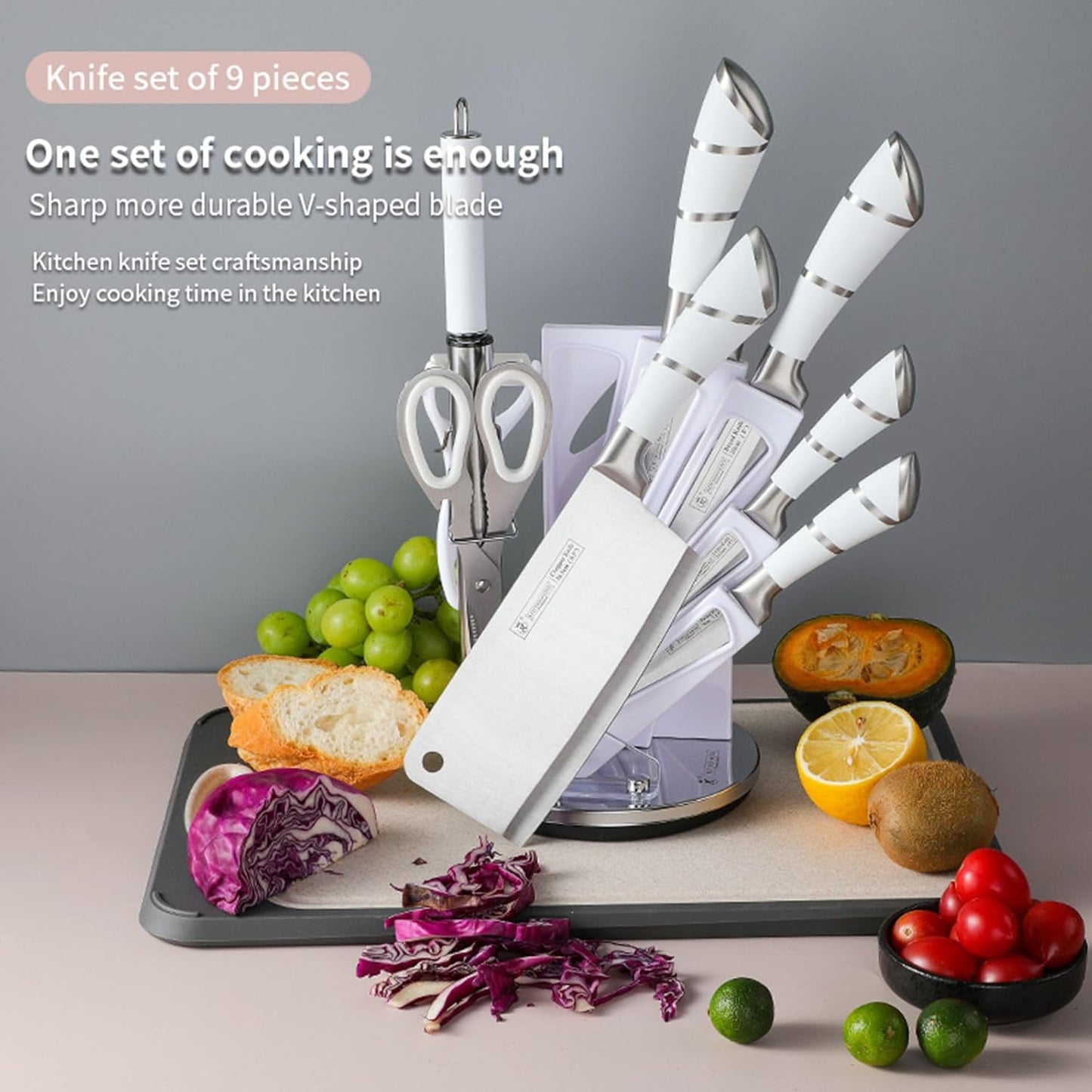 Elegant Purple 9-Piece Kitchen Knife Set with Acrylic Block,Non Stick Sharp Stainless Steel Chef Knives with Sharpener,Gift Ready Cutlery Set for Women