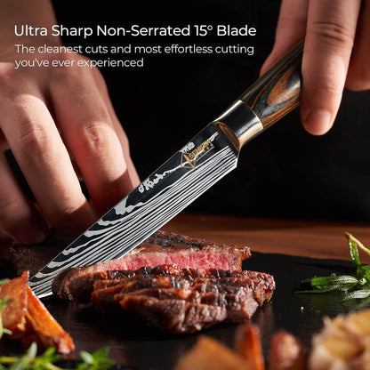 SENKEN Non-Serrated Steak Knife Set with Damascus Pattern - Razor Sharp Straight Edge Blade, Stainless Steel & Wood Handle (Steak Knives Set of 6)