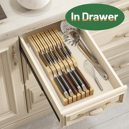 Knife Drawer Organizer Insert, Bamboo Wood Knife Holder, Knife Block Holds Up To 11 Knives