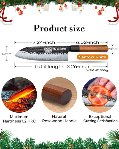 FAMCüTE Japanese Knife Block Set, Hand Forged 5-Layer 9CR18MOV Clad Steel Ultra Sharp Kitchen Knives with Wooden Storage & Rosewood Handle, Includes Chef, Santoku, Nakiri, Fruit Knife for Home Mom/Dad