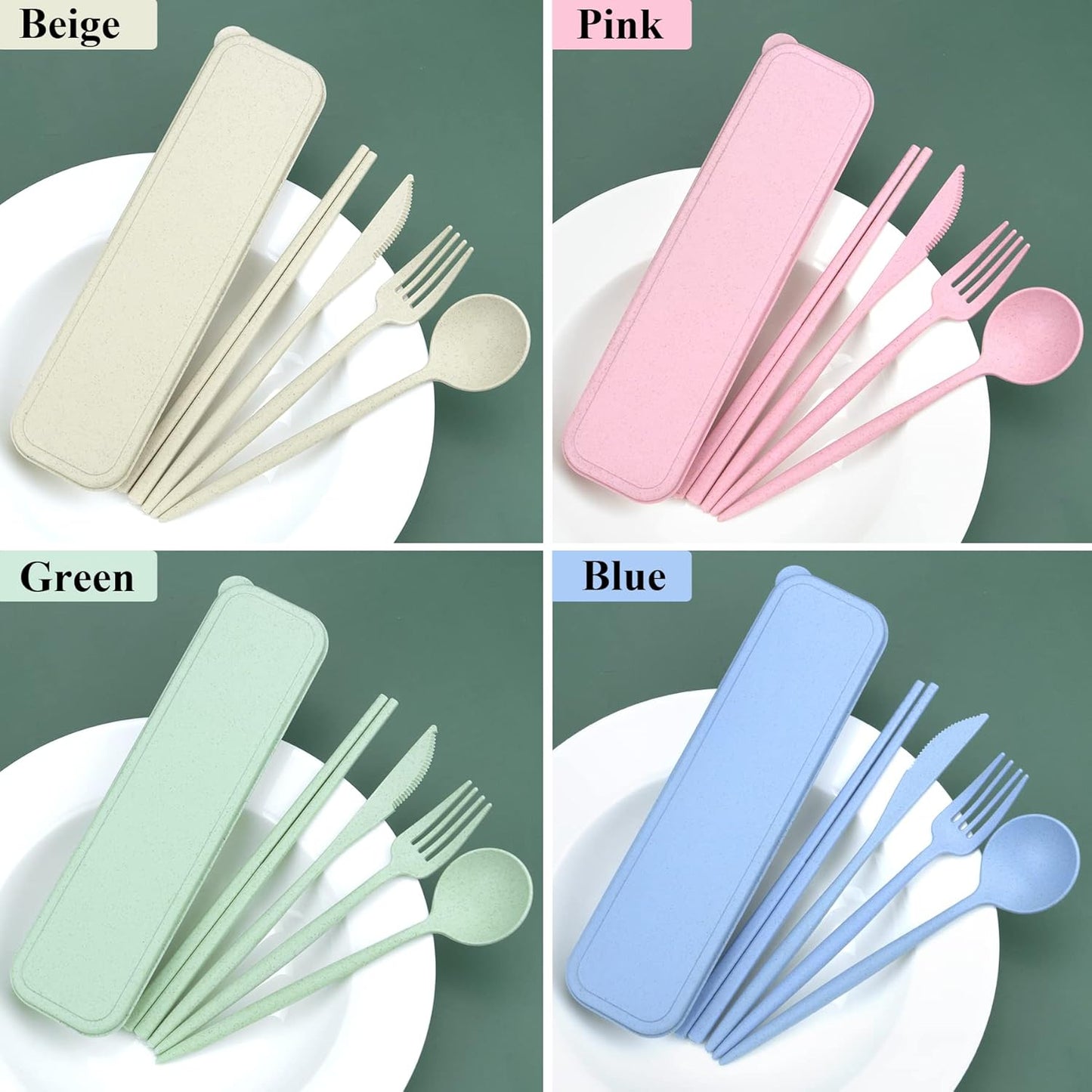 DISSKNIC Reusable Utensils Set with Case, 6 Sets Travel Utensils with Case, Wheat Straw Portable Cutlery Set Chopsticks Knives Fork and Spoon for Lunch Box Accessories