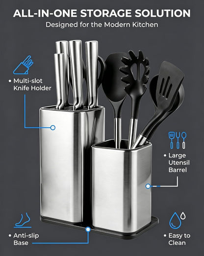 Universal Knife Block, 3-in-1 Stainless Steel Knife Holder and Utensil Holder, Extra Stable Non-Slip Base Kitchen Organizer for Countertop Storage, Space Saving Caddy for Knives, Spoons, Fork